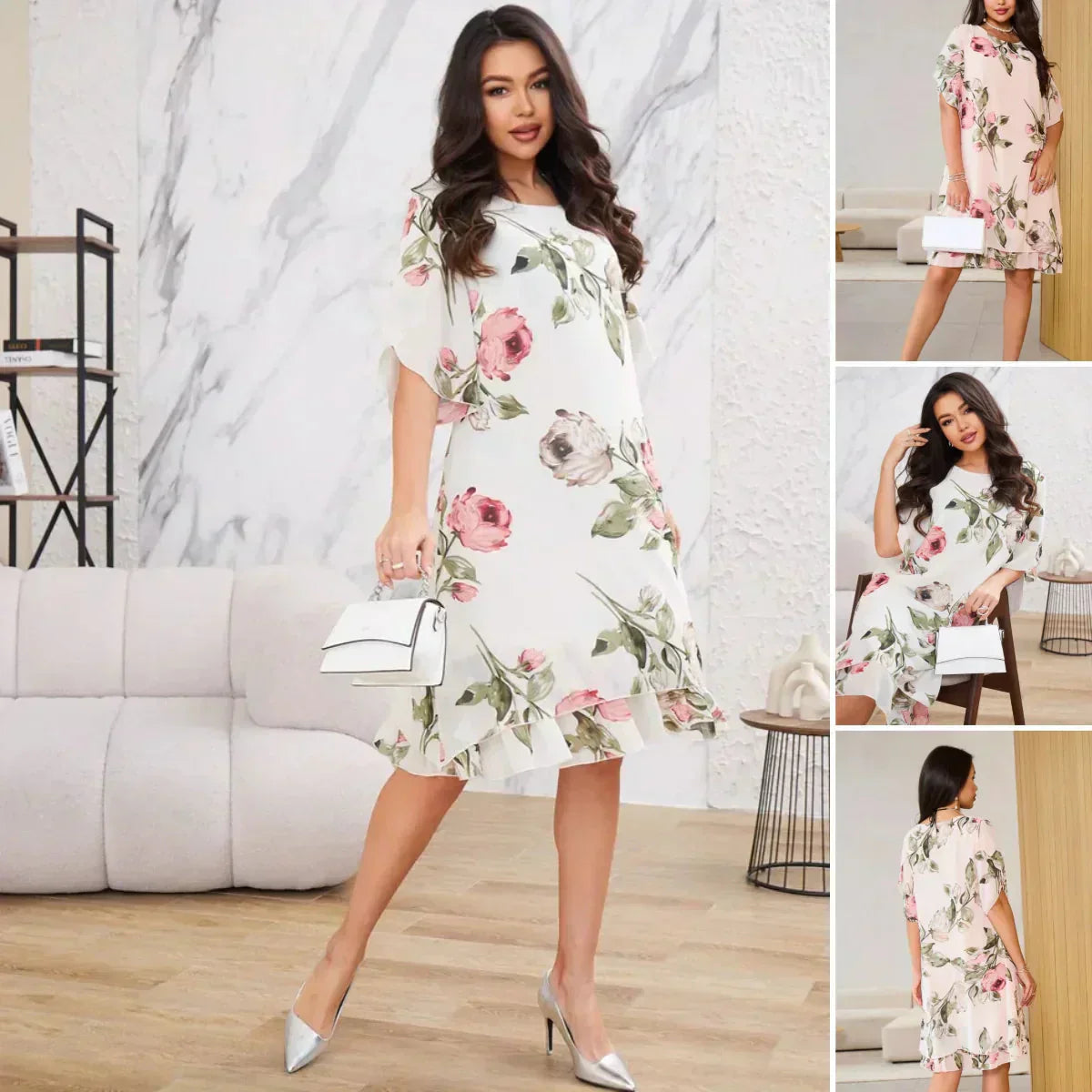 VROČE 50% 👗 Obleka iz šifona z rožnatimi cvetnimi listi-SI
