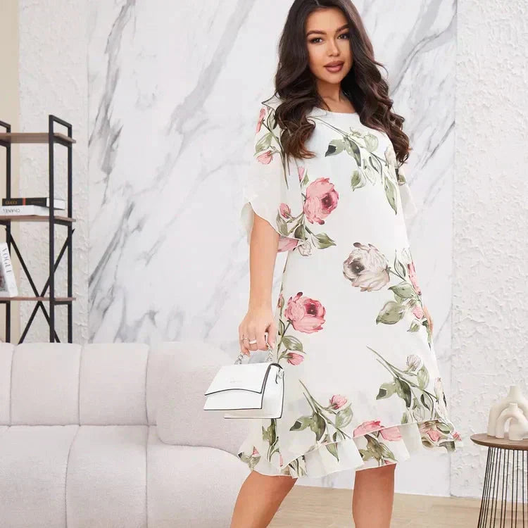 VROČE 50% 👗 Obleka iz šifona z rožnatimi cvetnimi listi-SI