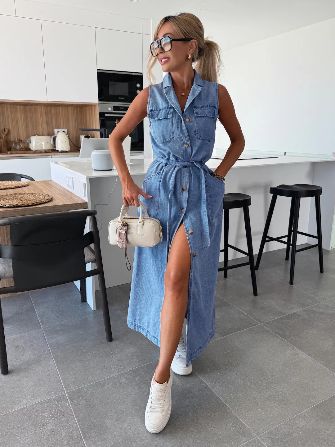 Rochie pentru femei din denim - cu curea-SI