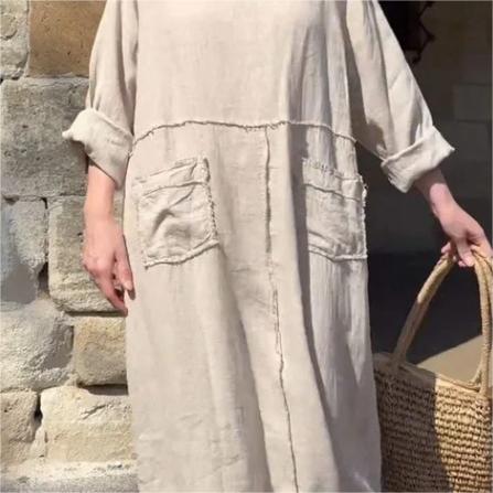 🌿Μονόχρωμο φόρεμα με στρογγυλή λαιμόκοψη, αναπνεύσιμο🌪️-GR