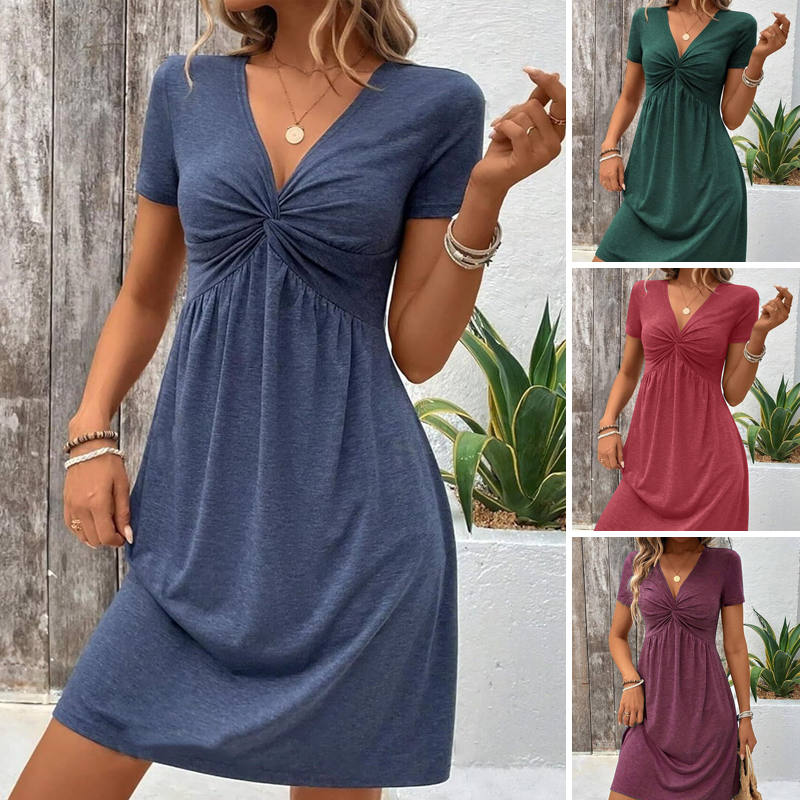 【S-2XL】👗Γυναικείο φόρεμα με κοντό μανίκι και V λαιμόκοψη-GR
