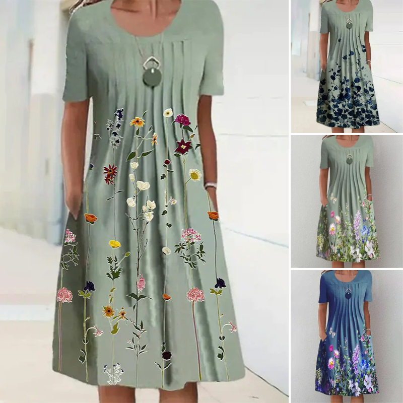 【S-3XL】👗Gėlėta suknelė su apvalia iškirpte-LT