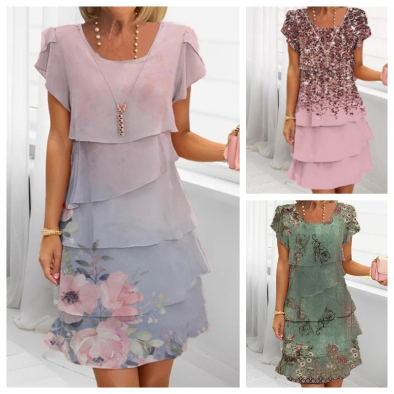 👗Elegantna obleka z okroglim izrezom in cvetličnim potiskom🌸-SI
