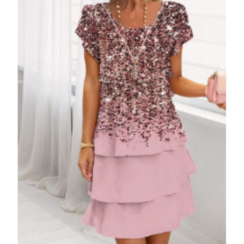 👗Elegantna obleka z okroglim izrezom in cvetličnim potiskom🌸-SI