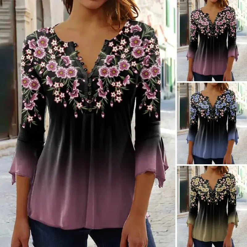 🔥Eleganten ženski top z V-izrezom in cvetličnim vzorcem-SI