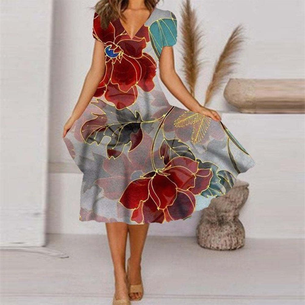【S-4XL】🌺Γυναικείο φόρεμα με στάμπα και λαιμόκοψη V-GR