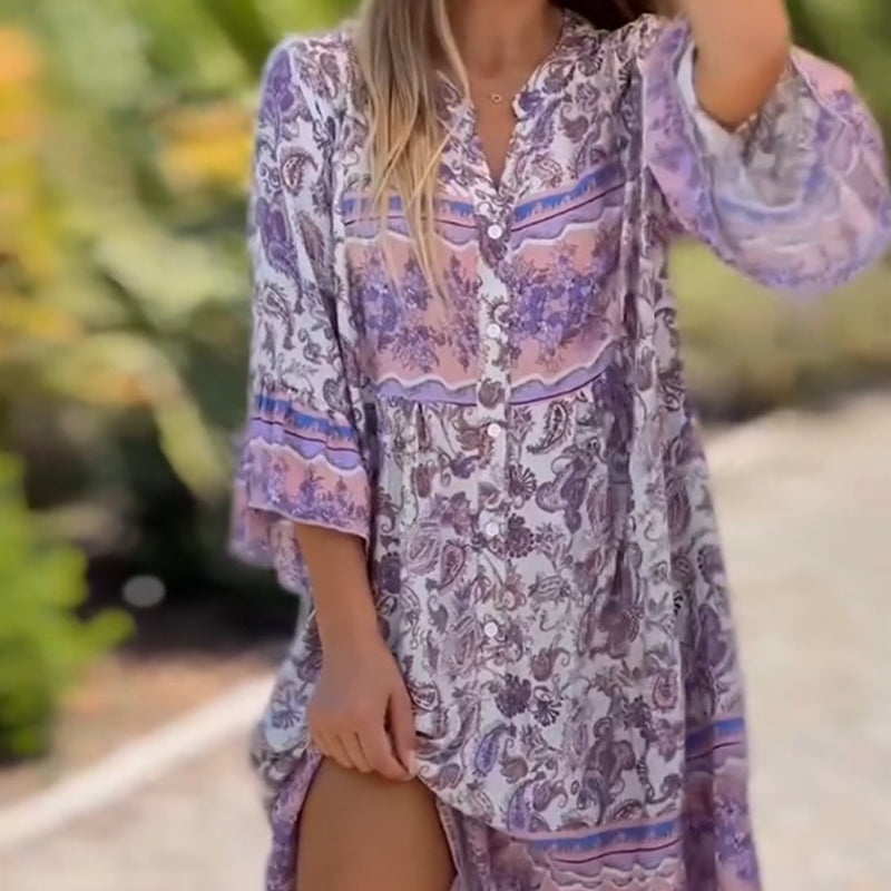🌸 Φόρεμα με φλοράλ ντεκολτέ και V λαιμόκοψη | Γαλλική ρομαντική κοπή, ακαταμάχητη φούστα σε διακοπές/ραντεβού~-GR