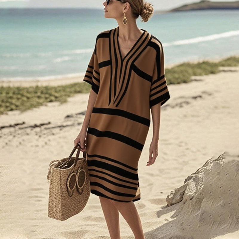 【S-3XL】👗Γυναικείο φόρεμα με ριγέ λαιμόκοψη V-GR