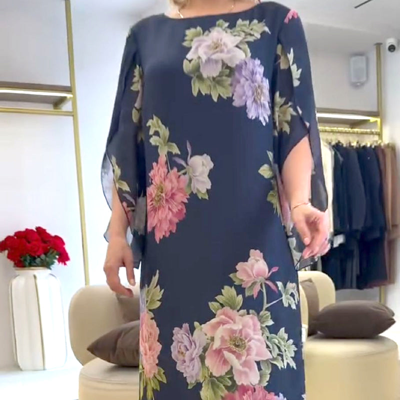 Elegantna dolga ženska obleka s potiskom na vratu-SI