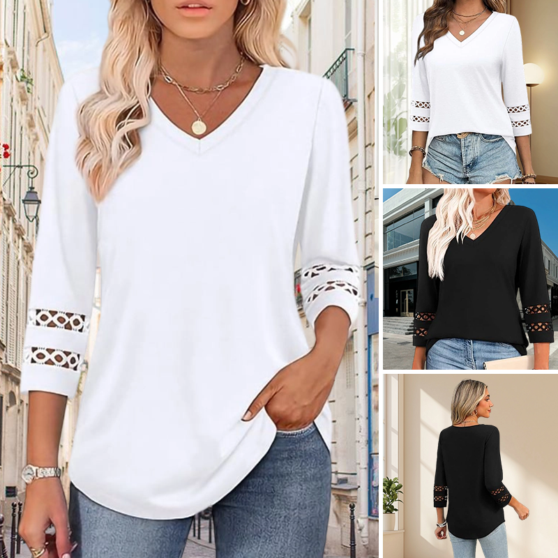 🌺[S-3XL]👚✨ Κλασικό μονόχρωμο τοπ με V ντεκολτέ και μανίκια 3/4-GR