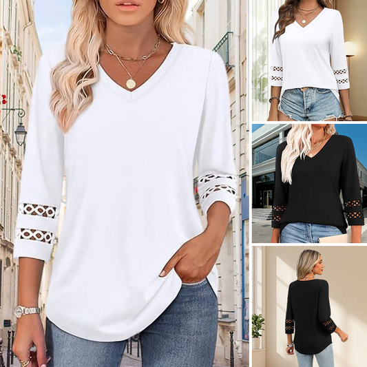 🌺[S-3XL]👚✨ Κλασικό μονόχρωμο τοπ με V ντεκολτέ και μανίκια 3/4-GR
