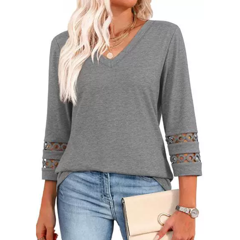🌺[S-3XL]👚✨ Κλασικό μονόχρωμο τοπ με V ντεκολτέ και μανίκια 3/4-GR
