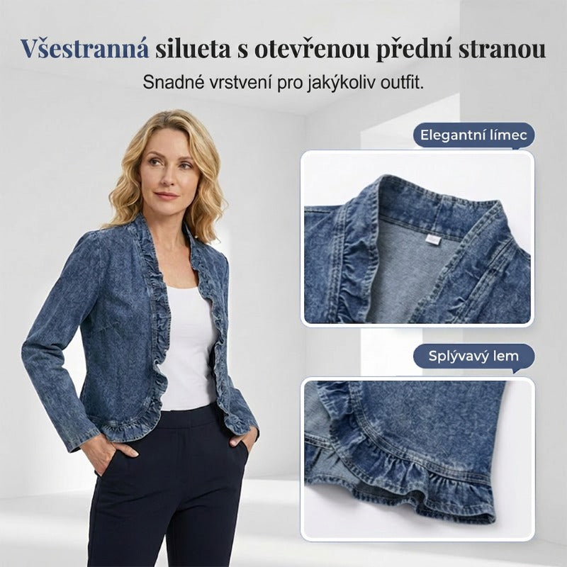 🔥49 % POPUSTA｜Ženska jeans jakna brez zapenjanja｜Naborki, lahka tkanina, enostavno oblačenje-SI